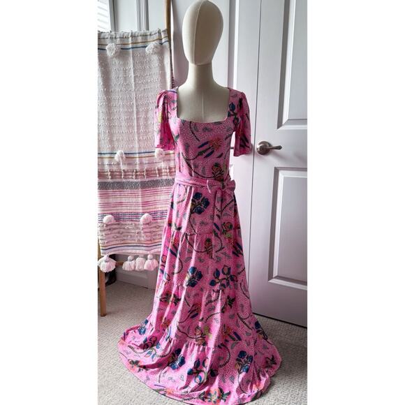Smith & Quinn Lane Pink Floral Short Sleeves Tie Waist Maxi Dress Women’s Small - Picture 2 of 9